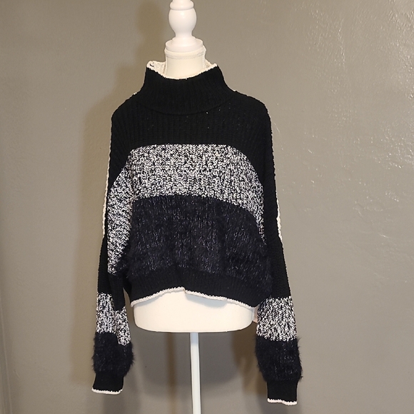 Free People Sweaters - Free People Black and White Cowl Neck Sweater Cozy Cable Knit NWT XL